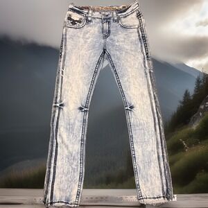 Rock Revival Jeans Mens 32x32 Wash Acid Distressed Straight Denim Raw Hem Y2K